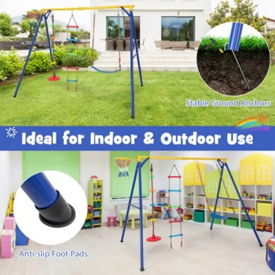 Costway 4-in-1 Kids Swing Sports Set Carbon Steel Swing Stand w/Basketball Hoop Climbing Ladder image {7}