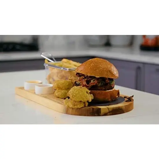 Yukon Glory Burger Board Set, Includes Premium Acacia Wood Board With Slate, Stainless Steel Fry Basket, Porcelain Condiment Cups image {5}