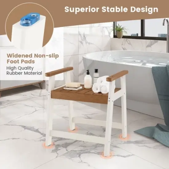 Costway Heavy Duty Waterproof HDPE Shower Bench Bathroom Shower Chair with Armrest Off White & Brown image {5}