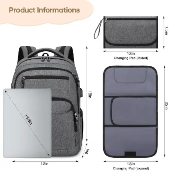 Itopfox Multi-Function Baby Diaper Backpack with Portable Changing Pad, Pacifier Holder, USB Charging Port, Ideal for Moms and Dads image {3}