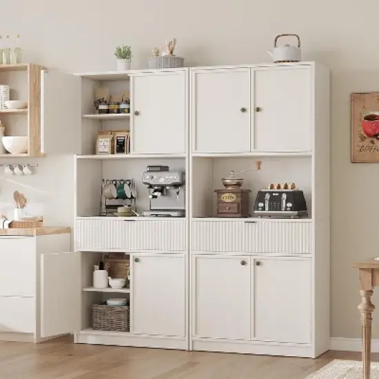 70" Fluted Pantry Cabinet - Storage w/ Countertop, Doors & Drawer for Kitchen & Dining Room image {6}