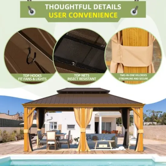 EROMMY 12' x 18' Hardtop Gazebo, Wooden Finish Coated Aluminum Frame Gazebo with Galvanized Steel Double Roof, Curtains and Nettings Included image {4}