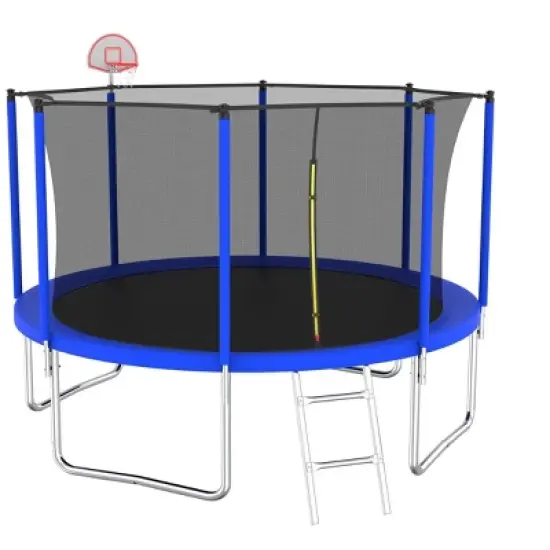 HFYee 8/10/12/14/10*16FT Backyard Trampoline Basketball Kit with Bonus Balls & Safety Enclosure for Ages 8+, Blue image {9}