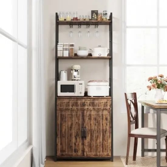 Bakers Rack with Storage Cabinet and Drawer, 70.8" Tall Industrial Coffee Bar Cabinet, Freestanding Kitchen Storage Organization, Rustic Brown image {3}