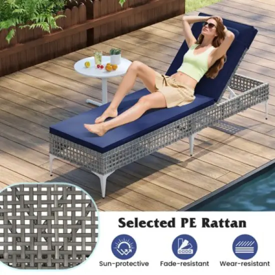 Costway 1/2 PSC Patio Chaise Lounge Chair with 6-Level Adjustable Backrest Removable Cushion Navy/White/Gray image {6}