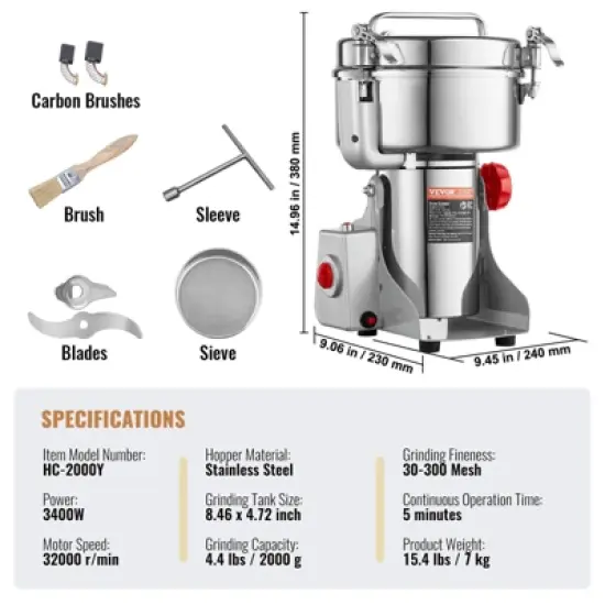 VEVOR 2000g Electric Grain Mill Grinder, High Speed 3400W Commercial Spice Grinders, Stainless Steel Pulverizer Powder Machine image {7}