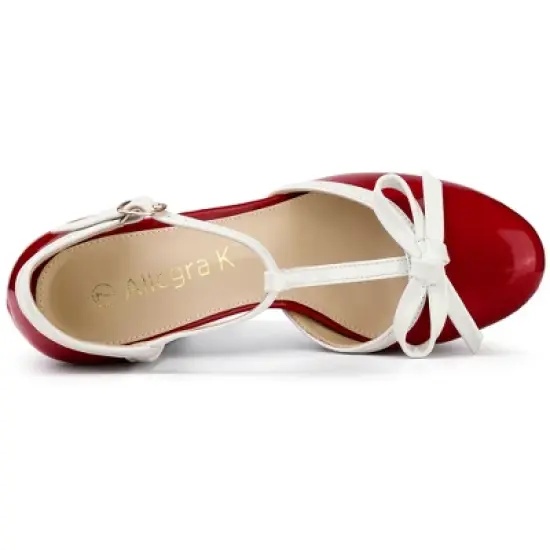 Allegra K Women's Platform Bow T-Strap Chunky Heels Pumps image {4}
