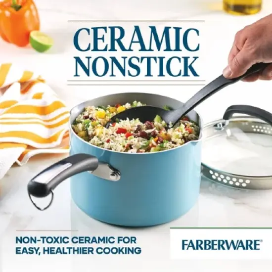 Farberware Eco Advantage 3qt Ceramic Nonstick Straining Saucepan with Lid Aqua: Dishwasher-Safe Sauce Pot, Gas & Electric Compatible image {2}