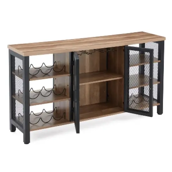 Jomeed Modern Industrial Farmhouse Metal Frame Wooden Buffet Coffee Entertainment Cabinet with Removable Wine Bottle and Stemware Racks image {1}