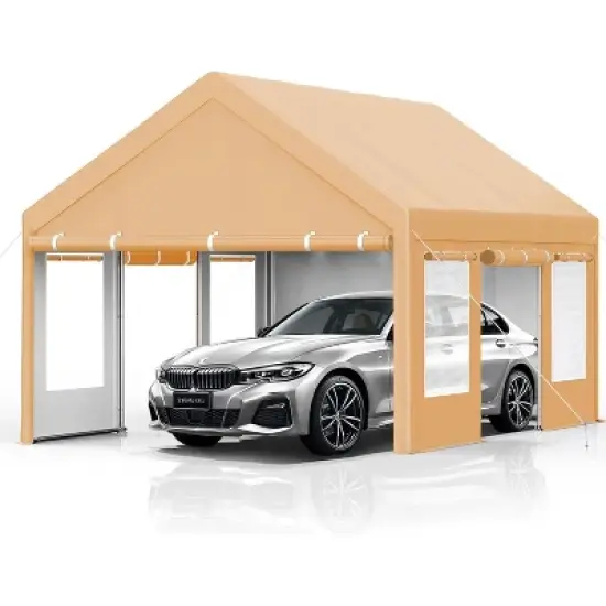 13 x 20 FT Metal Carport, with Side-Opening Door & Roll-Up Windows, All-Inclusive Metal Carport, Outdoor Portable Garage Shelters Tents, Yellow image {8}