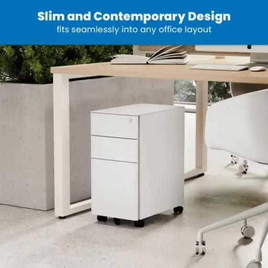 Mount-It! Mobile File Pedestal Cabinet with 3 Drawers & Lock | Slim Design Under Desk Storage & Organizer for Files, Folders & Office Supplies | White image {1}