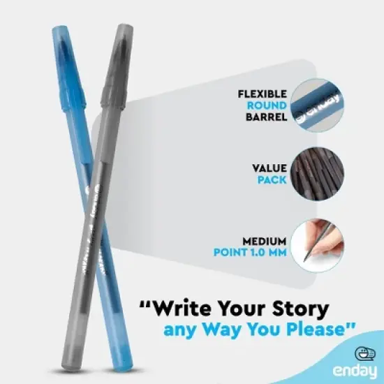 Enday Pens Bulk Black Pens Blue Pens Ballpoint, Medium Point (1.0mm), Flexible Round Barrel For Writing Comfort Ballpoint Pens For School, Office image {2}