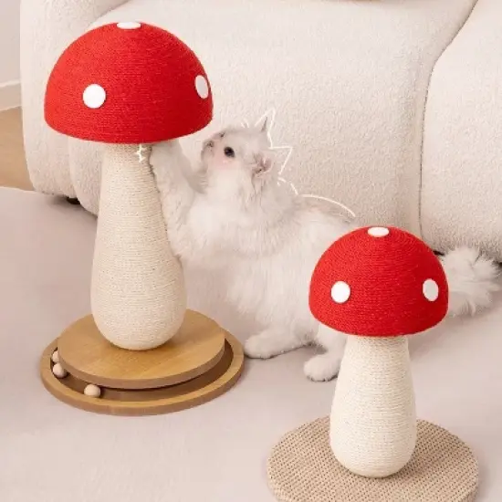 Fairyland&trade; - Mushroom Cat Scratching Post with Spinning Wood Base & Interactive Balls &ndash; Natural Sisal Rope Cat Scratcher, 20.9" Tall image {1}