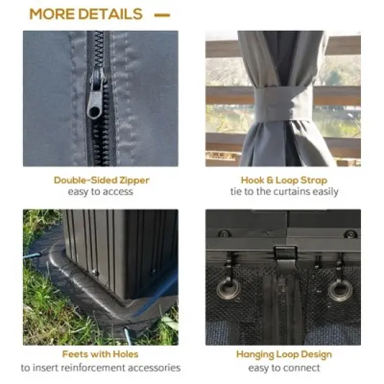 Outsunny Patio Gazebo 10' x 12', Netting & Curtains, 2 Tier Double Vented Steel Roof, Hardtop, Ceiling Hooks, Rust Proof Aluminum, Gray image {4}