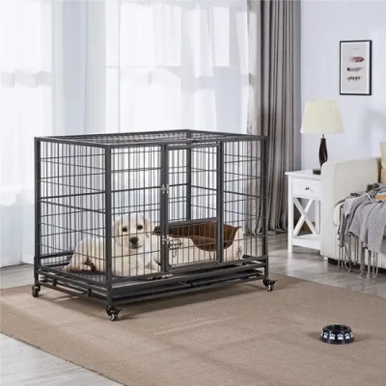 Yaheetech Rolling Dog Crate Metal Large Dog Cage Black image {1}