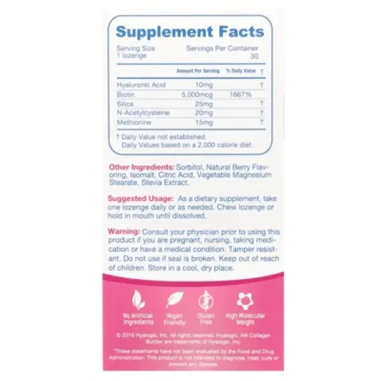 Hyalogic HA Collagen Builder, Hyaluronic Acid + Biotin +Silica, Mixed Berry, 30 Chewable Lozenges image {1}