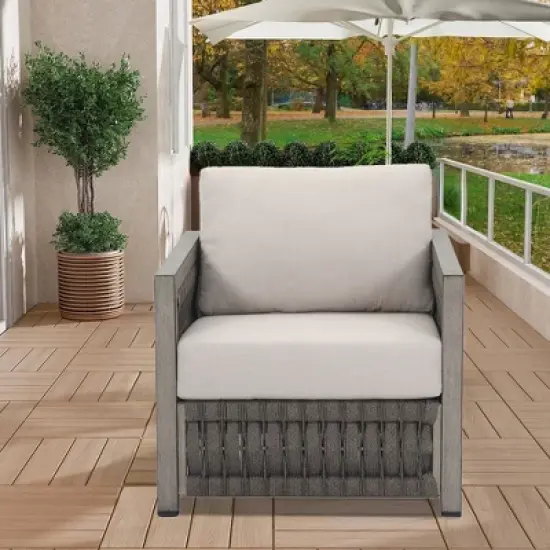 COWLOWN Modern Aluminum Outdoor Single Sofa, Woven Rattan & Webbing Lounge Chair with Cushions, Weather-Resistant Patio Seating image {1}