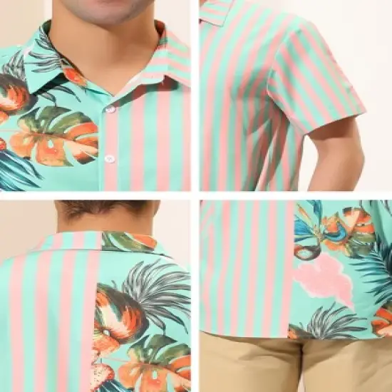 Lars Amadeus Men's Summer Button Down Hawaiian Tropical Floral Leaf Striped Patchwork Shirts image {5}
