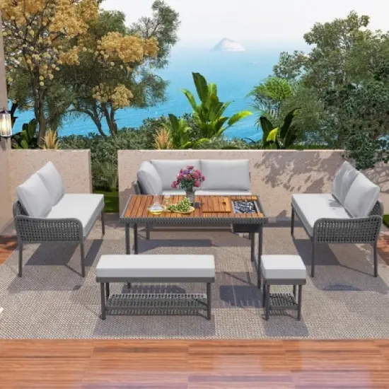 KTMBDW 6-Piece Rope Patio Furniture L-Shaped Set, Outdoor Sectional Sofa Set with Acacia Wood Table with Ice Box, Rope Benches for Garden, Porch, Deck image {12}