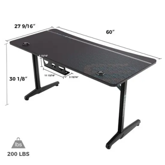 60x27 Curved Shaped Gaming Desk,27.56"D x 60"W x 30.12"H,Black image {8}