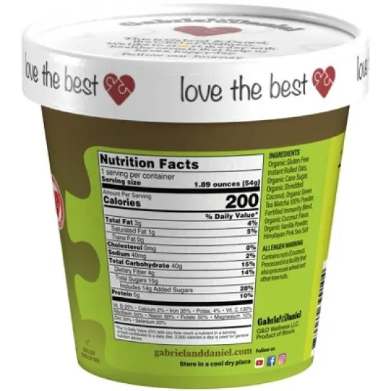 Organic Matcha with Coconut Instant Oats &ndash; Gluten-Free, Vegan, Non-GMO, No Sugar Added &ndash; Superfood , 6-Pack ( Gabriel & Daniel ) image {2}