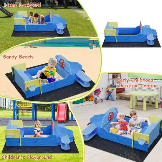 Airplane Wooden Sandbox &ndash; Kids Outdoor Sandpit with Drainage Liner, Foldable Benches & Playful Design for Backyard, Ages 4+ image {6}
