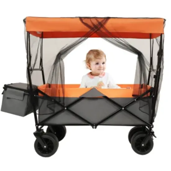 FURNIinspire Outdoor Serving Carts 480Lbs Collapsible Wagon with Canopy Lightweight Foldable Wagon with Mosquito Net, Orange, 45.28"*22.83"*38.78" image {5}