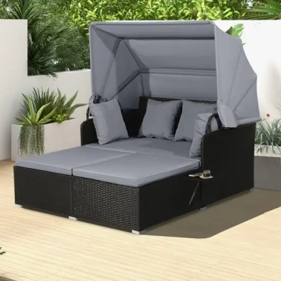 Costway Patio Rattan Daybed Lounge Retractable Top Canopy Side Tables Cushions image {3}