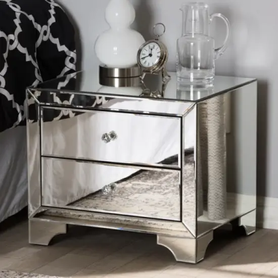 Farrah Hollywood Regency Glamour Style Mirrored 2 - Drawer Nightstand - Baxton Studio image {5}