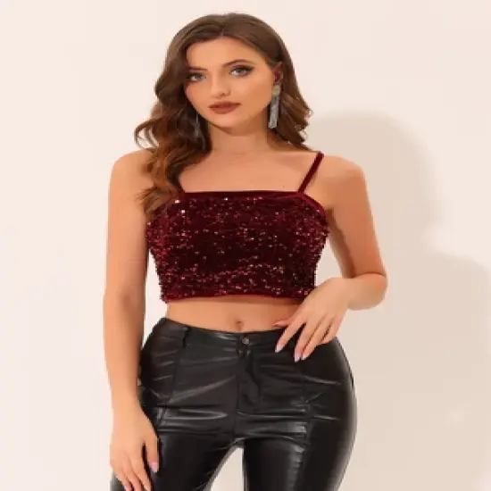 Allegra K Women's Velvet Spaghetti Strap Club Party Crop Sequined Cami Top image {4}