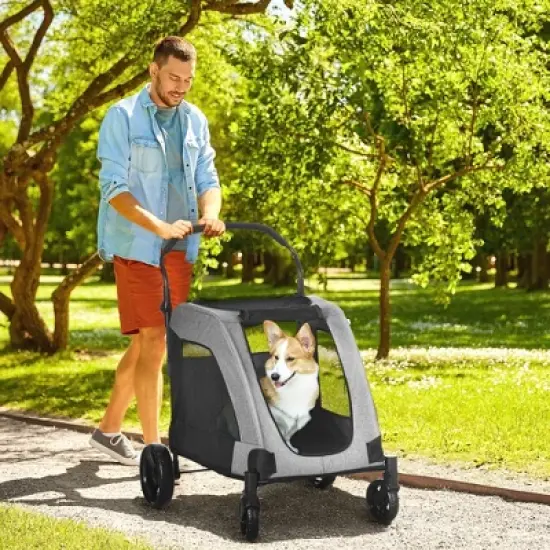 PawHut Pet Stroller Universal Wheel with Storage Basket Ventilated Foldable Oxford Fabric for Medium Size Dogs, Gray image {2}