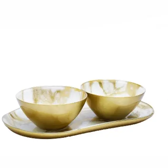Classic Touch White and Gold Marbleized 2 Bowl Relish Dish image {1}