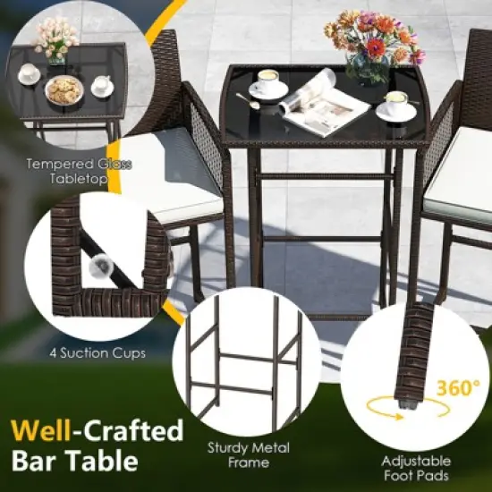 Costway 3 PCS Patio Bar Set Wicker Table & Armchairs with  2 Cushions & Glass Tabletop image {7}