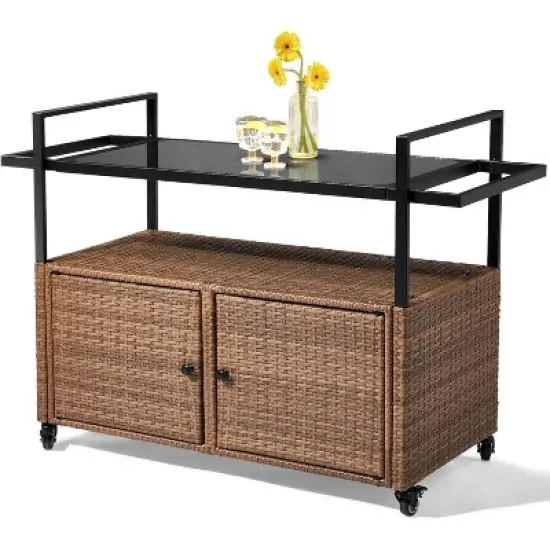 Wicker Outdoor Bar Cart with Storage and Wheels, Outdoor Bar Table Serving Cart Rattan Bar Cart with Glass Top and Shelf for Pool, Party image {8}
