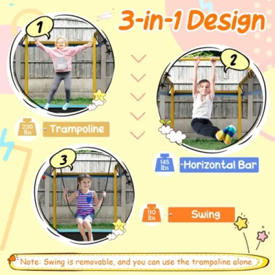 Infans 6FT Rectangle Trampoline with Swing, Mini Kids Trampoline with Net, Horizontal Bar, 2 Way Zippers, Recreational Trampoline for 3+, Blue/Yellow image {1}