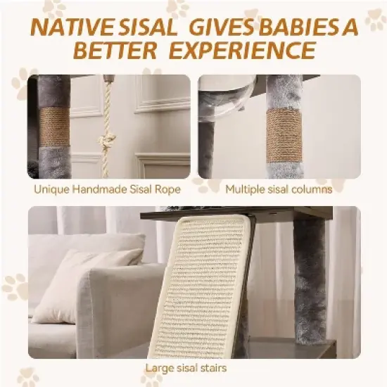 2-in-1 Cat Tower with Multiple Platforms, 66.9in Tall Hidden Washroom Litter Box Enclosure with Cat Tree, Wooden Cat Condo with Scratching Post, Gray image {3}