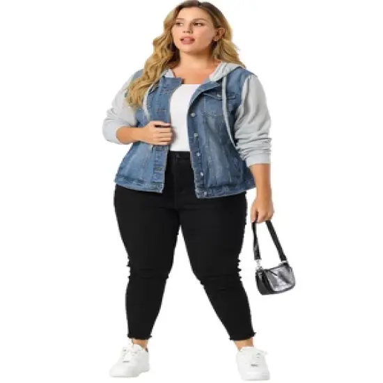 Agnes Orinda Women's Plus Size Denim Hood Drawstring Fall Winter Button Jean Jackets image {2}