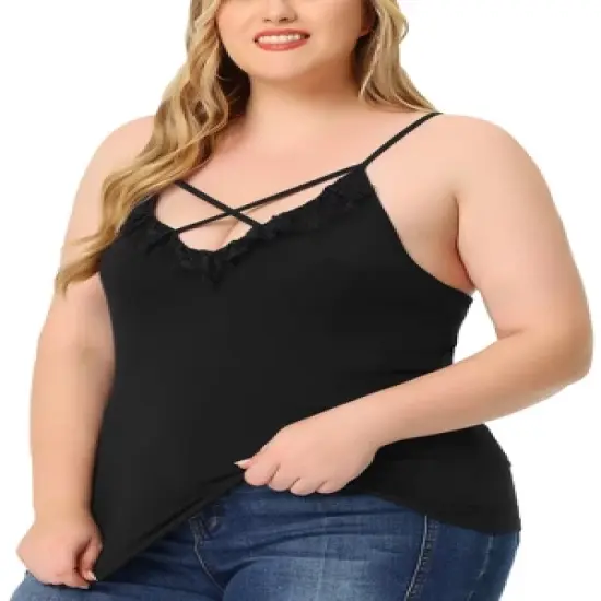 Agnes Orinda Plus Size Camisole for Women Contrast Lace Criss Cross V Neck Spaghetti Strap Top image {1}