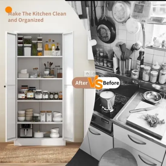 Gulches Modern Farmhouse 61" White Metal Kitchen Pantry Cabinet - 4 Adjustable Shelves, 110lb Capacity, Freestanding image {7}