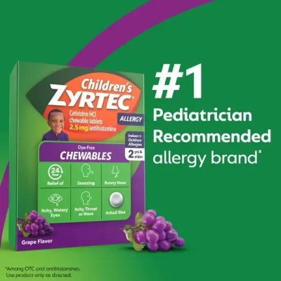 Zyrtec Children's Dye Free Cetirizine 2.5mg Chewables - Grape - 12ct image {5}