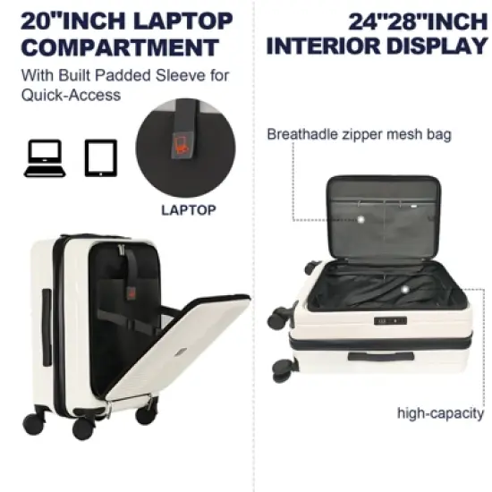 Gulches Luggage,with front opening,TSA approved lock,hardshell suitcase,White image {6}