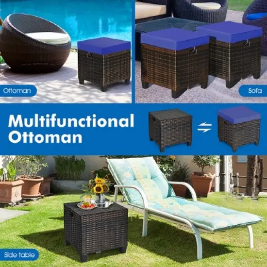 Costway 2PCS Patio Rattan Ottoman Cushioned Seat Foot Rest Coffee Table Furniture Garden Navy image {7}