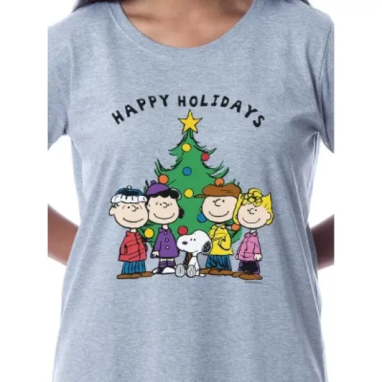 Peanuts Womens' Happy Holidays Christmas Nightgown Sleep Pajama Shirt Grey image {1}