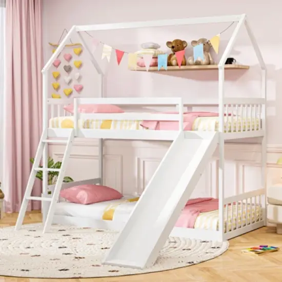 Tangkula Twin Over Twin House Bunk Bed w/ Slide Solid Wood Low Bunk Bed for Kids White image {1}