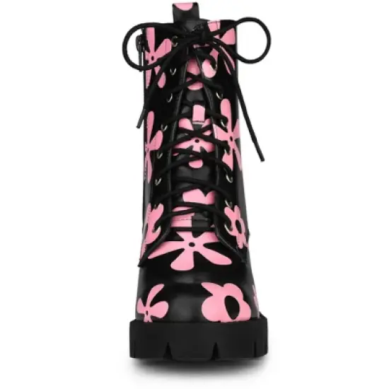 Allegra K Women's Printed Platform Round Toe Lace up Block Heel Combat Boots image {2}