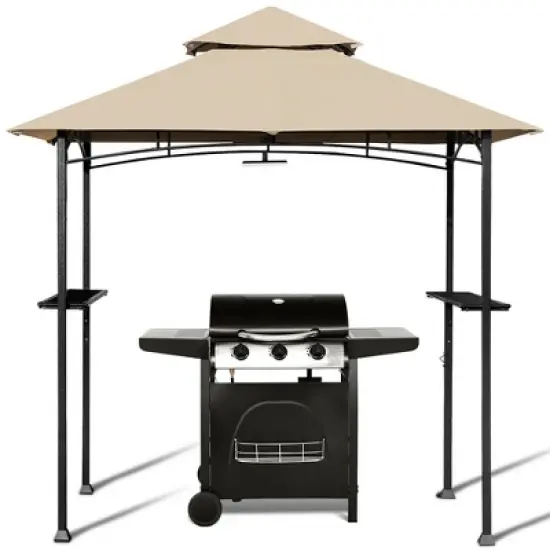 Costway 8' x 5' Outdoor Patio Barbecue Grill Gazebo w/ LED Lights 2-Tier Canopy Top Tan image {9}