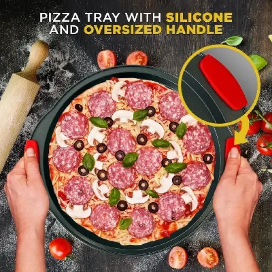 NutriChef 14.8" 4-Piece Non-Stick Perforated Pizza Tray with Silicone Handle Carbon Steel NCBPIZ1X4 image {4}