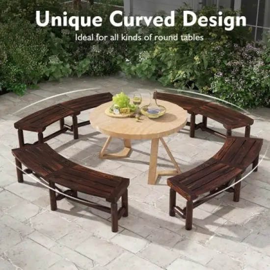 Costway Patio Curved Bench Carbonized Wood Dining Bench for Round Table 710 LBS Max Load image {6}