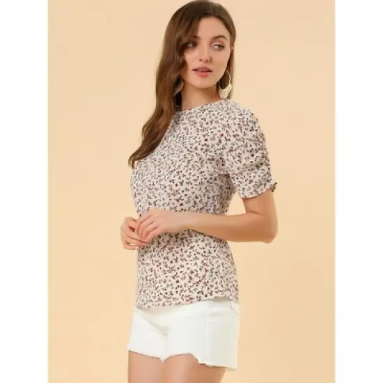 Allegra K Women's Floral Crew Neck Summer Casual Shirred Short Sleeve Blouse image {3}