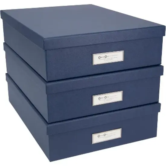 Bigso Oskar Fiberboard Label Frame Document Letter Box - File Organizer Box for Paperwork - Document Storage - 3 Pack - Dark Blue image {2}
